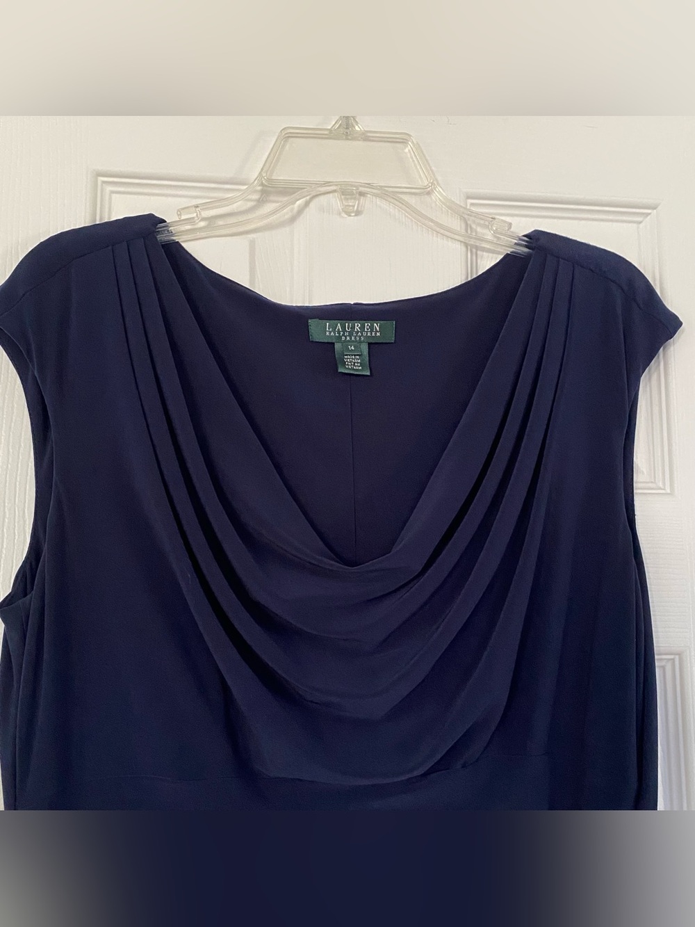 Lauren Ralph Lauren ~ Dress Sz 14- Navy Sleeveless Cowl Neck Ruched Midi - Vtg